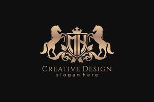 initial MK Retro golden crest with shield and two horses, badge template with scrolls and royal crown - perfect for luxurious branding projects vector