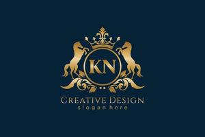 initial KN Retro golden crest with circle and two horses, badge template with scrolls and royal crown - perfect for luxurious branding projects vector