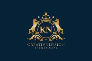 initial KN Retro golden crest with circle and two horses, badge template with scrolls and royal crown - perfect for luxurious branding projects vector