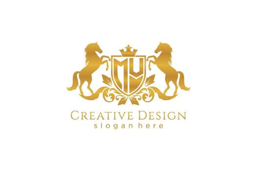 initial MV Retro golden crest with shield and two horses, badge template with scrolls and royal crown - perfect for luxurious branding projects vector