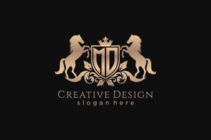 initial MO Retro golden crest with shield and two horses, badge template with scrolls and royal crown - perfect for luxurious branding projects vector