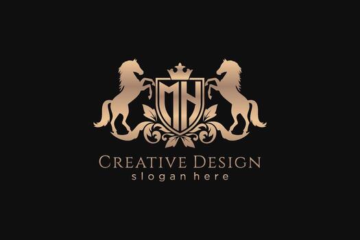 initial MH Retro golden crest with shield and two horses, badge template with scrolls and royal crown - perfect for luxurious branding projects vector