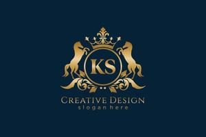 initial KS Retro golden crest with circle and two horses, badge template with scrolls and royal crown - perfect for luxurious branding projects vector