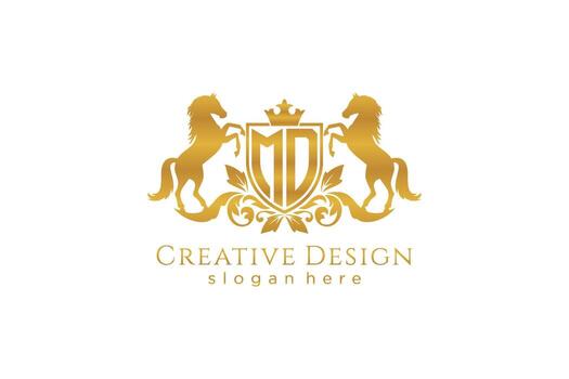 initial MD Retro golden crest with shield and two horses, badge template with scrolls and royal crown - perfect for luxurious branding projects vector