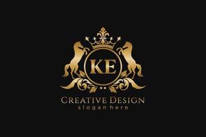 initial KE Retro golden crest with circle and two horses, badge template with scrolls and royal crown - perfect for luxurious branding projects vector