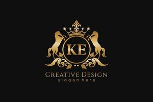 initial KE Retro golden crest with circle and two horses, badge template with scrolls and royal crown - perfect for luxurious branding projects vector