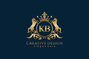 initial KB Retro golden crest with circle and two horses, badge template with scrolls and royal crown - perfect for luxurious branding projects vector