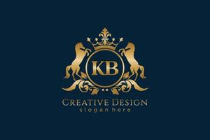 initial KB Retro golden crest with circle and two horses, badge template with scrolls and royal crown - perfect for luxurious branding projects vector