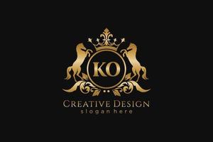 initial KO Retro golden crest with circle and two horses, badge template with scrolls and royal crown - perfect for luxurious branding projects vector