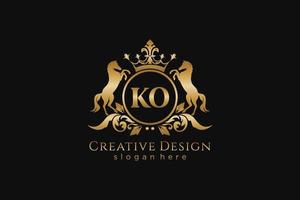 initial KO Retro golden crest with circle and two horses, badge template with scrolls and royal crown - perfect for luxurious branding projects vector