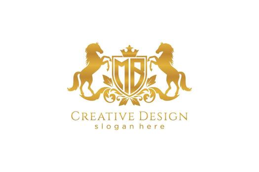initial MB Retro golden crest with shield and two horses, badge template with scrolls and royal crown - perfect for luxurious branding projects vector