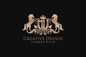 initial MU Retro golden crest with shield and two horses, badge template with scrolls and royal crown - perfect for luxurious branding projects vector