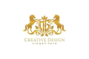 initial MG Retro golden crest with shield and two horses, badge template with scrolls and royal crown - perfect for luxurious branding projects vector