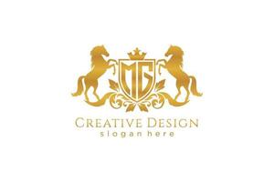 initial MG Retro golden crest with shield and two horses, badge template with scrolls and royal crown - perfect for luxurious branding projects vector