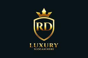 initial RD elegant luxury monogram logo or badge template with scrolls and royal crown - perfect for luxurious branding projects vector