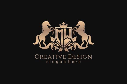 initial MW Retro golden crest with shield and two horses, badge template with scrolls and royal crown - perfect for luxurious branding projects vector