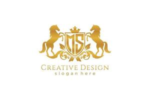 initial MS Retro golden crest with shield and two horses, badge template with scrolls and royal crown - perfect for luxurious branding projects vector