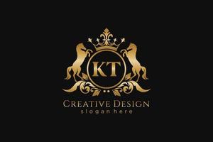 initial KT Retro golden crest with circle and two horses, badge template with scrolls and royal crown - perfect for luxurious branding projects vector