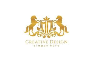initial MN Retro golden crest with shield and two horses, badge template with scrolls and royal crown - perfect for luxurious branding projects vector