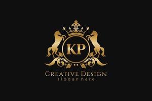 cresta dorada retro kp inicial con círculo y dos caballos, plantilla de insignia con pergaminos y corona real - perfecto para proyectos de marca de lujo vector