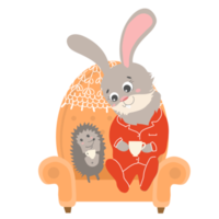Illustration with a rabbit and a hedgehog drinking tea on a vintage armchair png