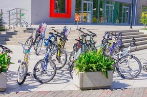 SOCHI, RUSSIA, 2019 - Bikes for rent on bicycle parking photo