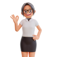 Young businesswoman show hand with ok symbol 3d cartoon illustration png