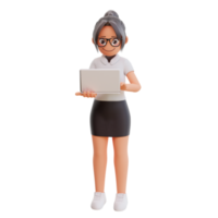 Young businesswoman holding laptop 3d cartoon illustration png