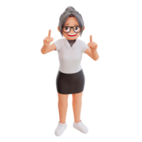 junge geschäftsfrau, die nach oben 3d-cartoon-illustration zeigt png