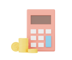 calculatrice avec pièces de monnaie. icône financière. calcul du risque financier. rendu 3d png