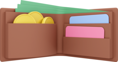 Öffnen Sie das Brieftaschensymbol mit Münzen, Rechnungen und Kreditkarten. png transparenter Hintergrund. 3D-Rendering.