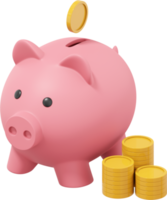 Pink piggy bank with falling coins, stacks of coins. PNG transparent background. Accumulation of savings icon. 3D rendering.