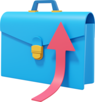 Blue briefcase with growing red arrow. PNG transparent background. Portfolio icon. 3D rendering.