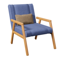 poltrona de tecido azul macio almofada marrom com braço de madeira e perna 3d renderização design de interiores moderno para sala de estar png