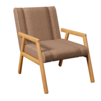 asiento de sillón de tela marrón con reposabrazos de madera y pata 3d que representa un diseño interior moderno para la sala de estar png