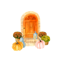 puerta naranja acuarela con decoración otoñal png