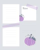 Notes Blank template, lined reminder paper, with purple pumpkin hand drawn doodle. vector