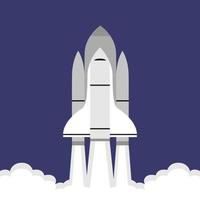 Rocket ship flies up with sky clouds on purple background. Vector illustration with flying shuttle. Space travel. Space rocket launch. Creative ideas