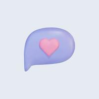 3d speech bubble icon with pink heart. Cartoon message box isolated on blue background. Social networking, communication, chatting. Realistic vector design element.