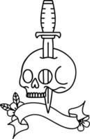 traditional black linework tattoo with banner of a skull vector