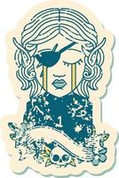Retro Tattoo Style sad elf rogue character face with natural one d20 roll vector