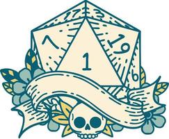 Retro Tattoo Style natural one d20 dice roll vector