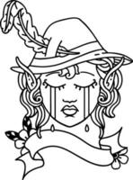 Black and White Tattoo linework Style crying elven bard character vector