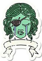 grunge sticker of a crying orc rogue character face vector