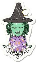 grunge sticker of a half orc wizard with natural twenty dice roll vector