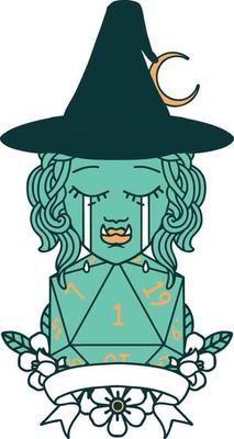 Retro Tattoo Style crying half orc witch character with natural one roll