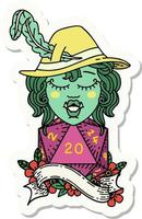 sticker of a singing half orc bard with natural twenty dice roll vector