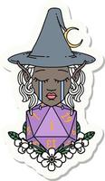 sticker of a crying elf witch with natural one D20 roll vector