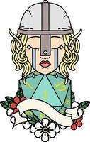 Retro Tattoo Style crying elf fighter character face with natural one D20 roll vector