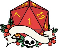 Retro Tattoo Style natural one d20 dice roll vector